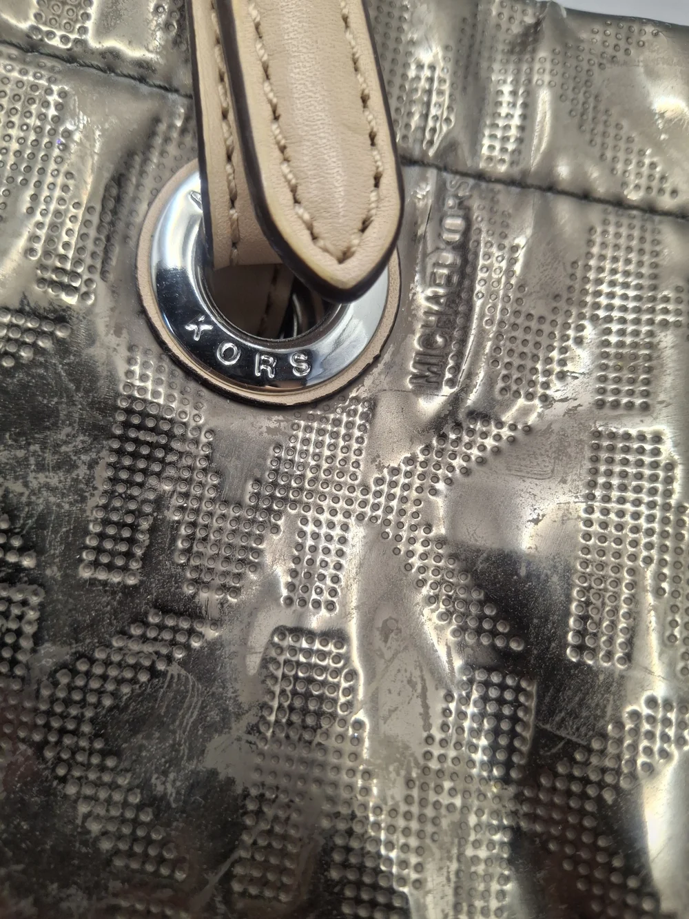 Fair Condition Michael Kors Metallic Bronze Logo Tote with Tan Handles - Picture 6 of 15